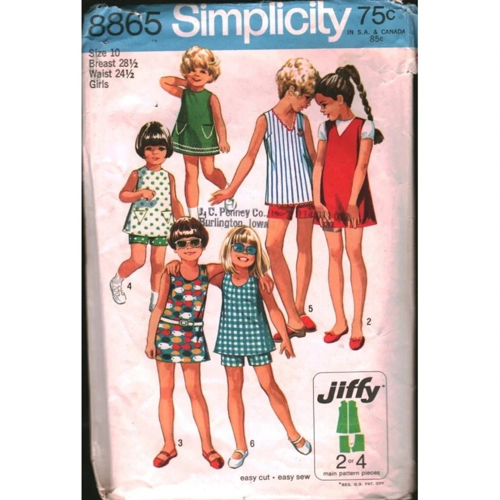 Vintage 1970 Simplicity 8865 Girls Jiffy Dress Jumper Top Shorts Pattern Size 10